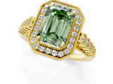 Yellow gold Fancy Green Emerald  Halo Milgrain Solitaire with Bezel Set Side Stones and Pave Band_33
