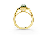 Yellow gold Fancy Green Emerald  Halo Milgrain Solitaire with Bezel Set Side Stones and Pave Band_35
