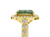 Yellow gold Fancy Green Emerald  Halo Milgrain Solitaire with Bezel Set Side Stones and Pave Band_37