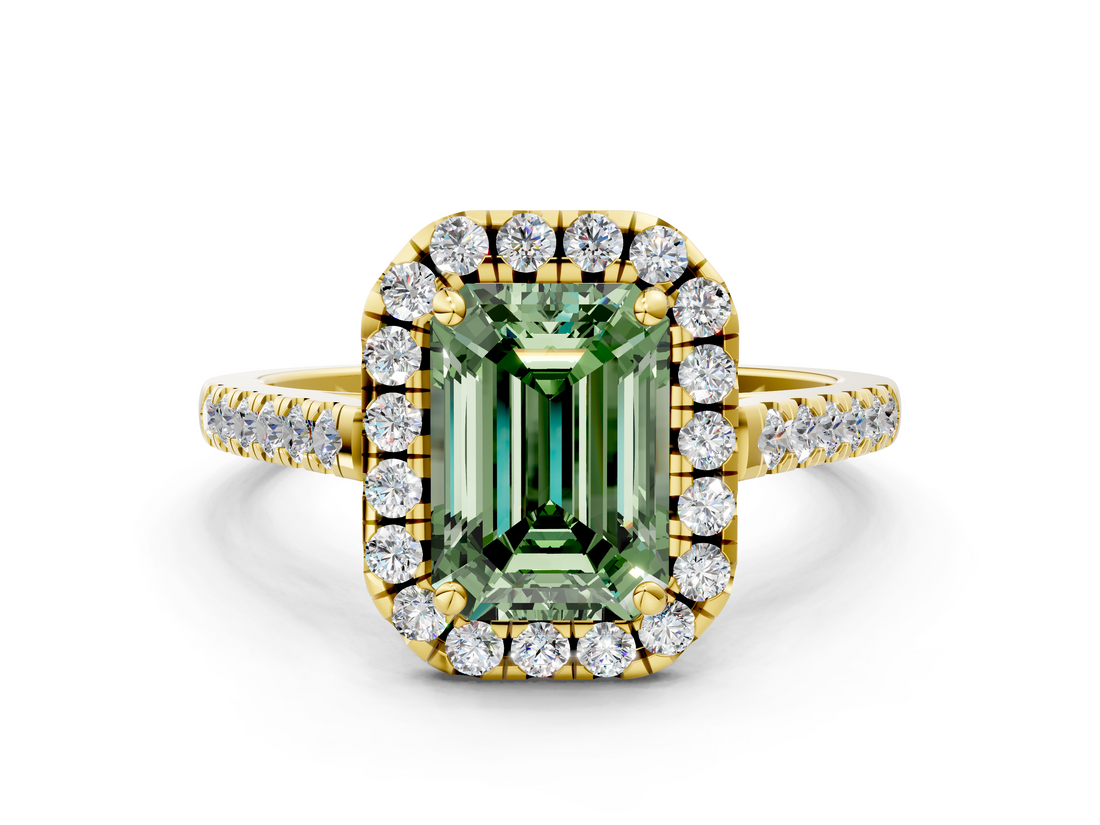 Yellow gold Fancy Green Emerald  Halo Pavé Diamond Engagement Ring with Four-Prong Setting_3
