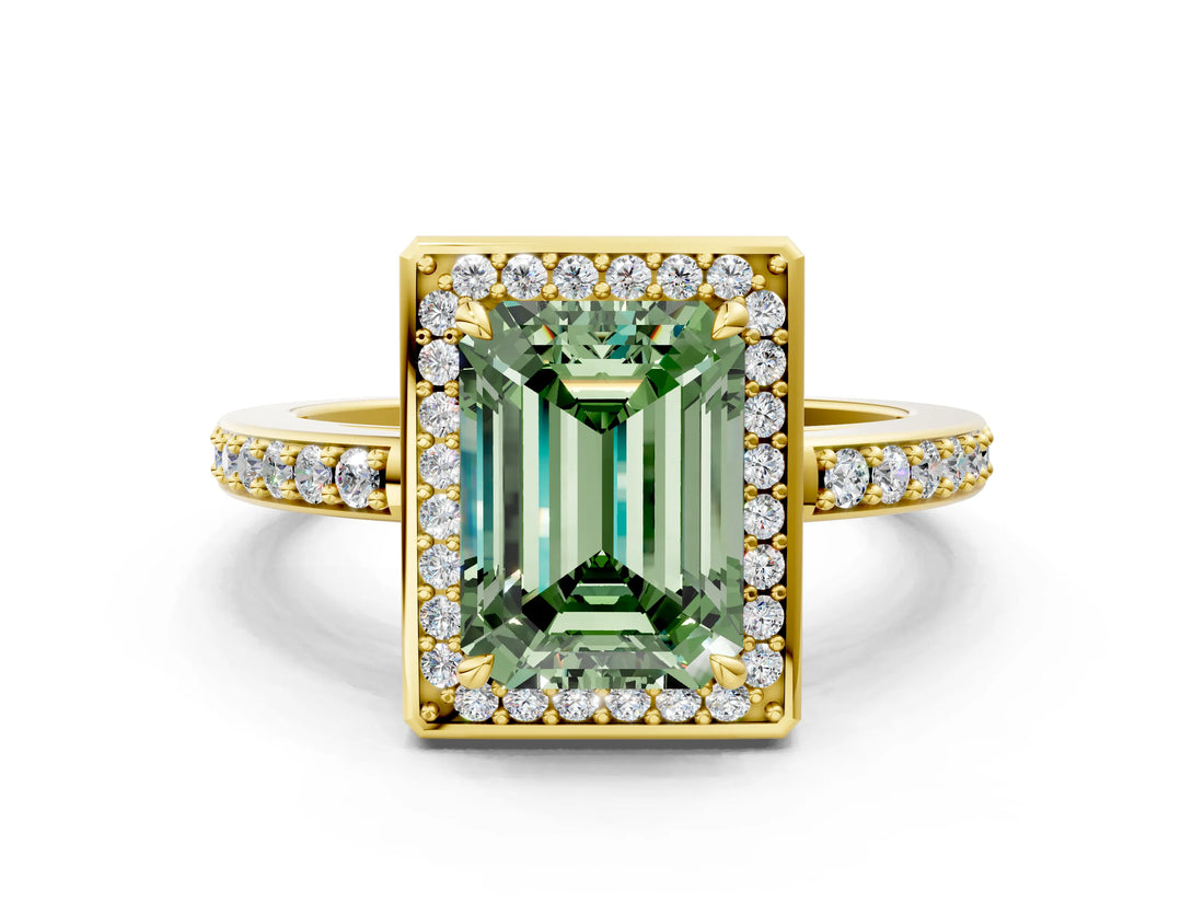 Yellow gold Fancy Green Emerald  Halo Pave Band Solitaire Ring with Prong Setting_66