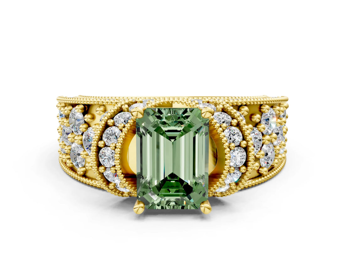 Yellow gold Fancy Green Emerald  Halo Pave Diamond Engagement Ring with Milgrain Detailing_48