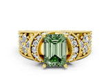 Yellow gold Fancy Green Emerald  Halo Pave Diamond Engagement Ring with Milgrain Detailing_48