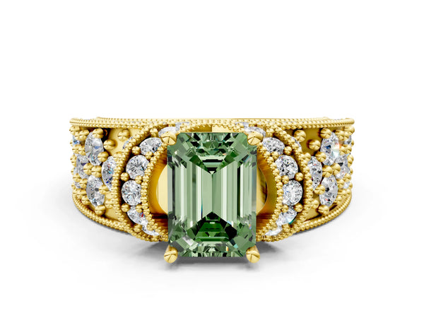 Yellow gold Fancy Green Emerald  Halo Pave Diamond Engagement Ring with Milgrain Detailing