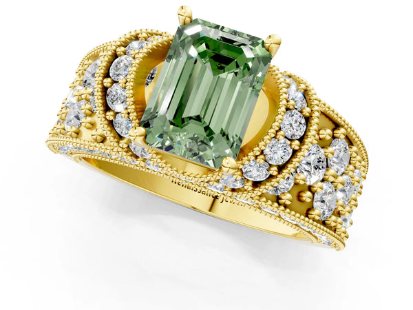 Yellow gold Fancy Green Emerald  Halo Pave Diamond Engagement Ring with Milgrain Detailing
