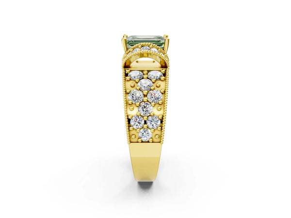Yellow gold Fancy Green Emerald  Halo Pave Diamond Engagement Ring with Milgrain Detailing