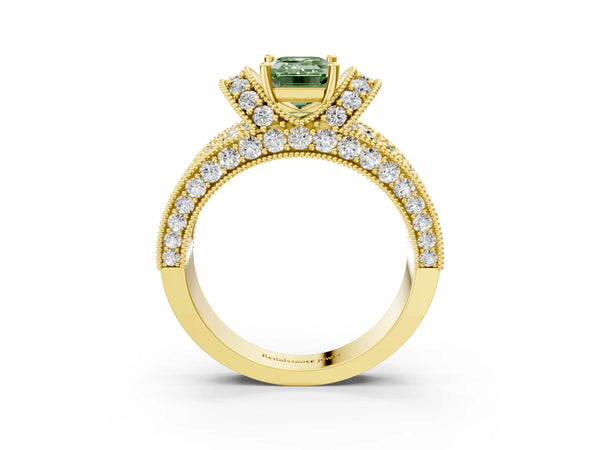 Yellow gold Fancy Green Emerald  Halo Pave Diamond Engagement Ring with Milgrain Detailing