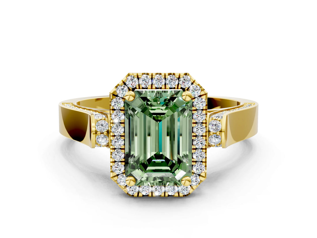 Yellow gold Fancy Green Emerald  Halo Pave Split Shank Prong Setting Ring_105