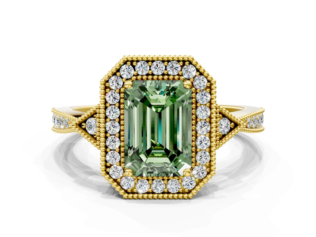 Yellow gold Fancy Green Emerald  Halo Round Diamond Milgrain Pave Engagement Ring_3