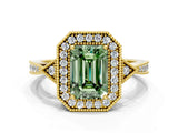 Yellow gold Fancy Green Emerald  Halo Round Diamond Milgrain Pave Engagement Ring_3