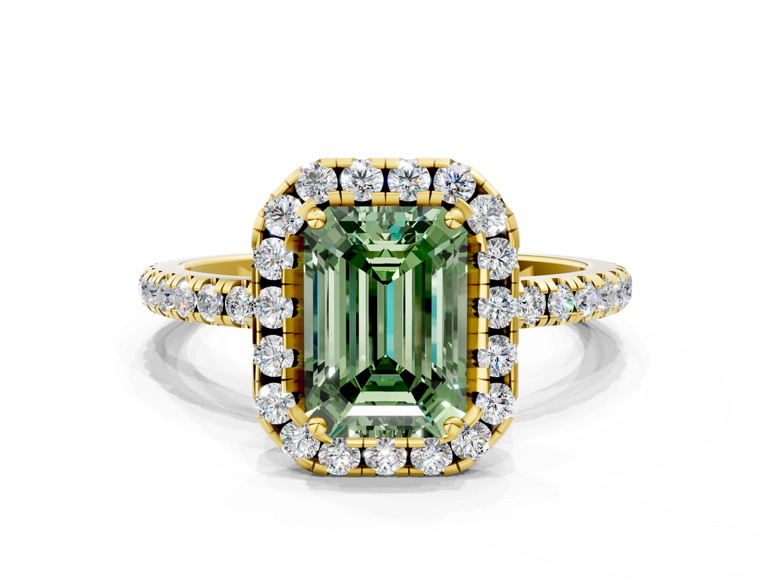 Yellow gold Fancy Green Emerald  Halo Round Diamond Pavé Band Four-Prong Ring_3