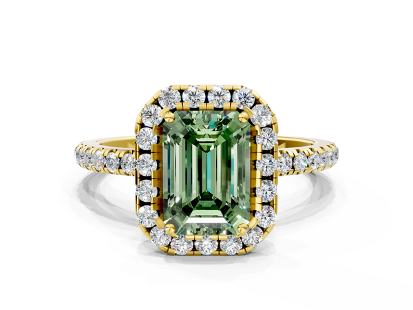 Yellow gold Fancy Green Emerald  Halo Round Diamond Pavé Band Four-Prong Ring