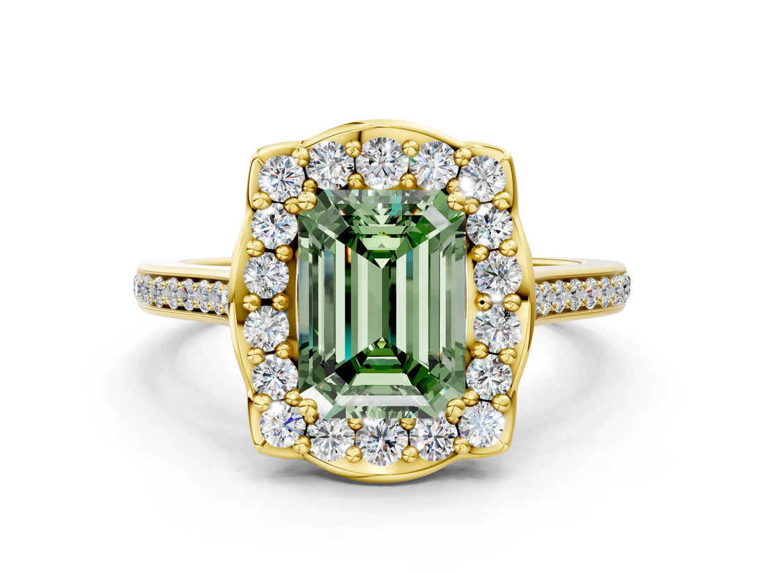 Yellow gold Fancy Green Emerald  Halo Round Diamond Pave Band with Four-Prong Setting_38