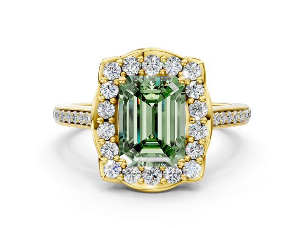 Yellow gold Fancy Green Emerald  Halo Round Diamond Pave Band with Four-Prong Setting