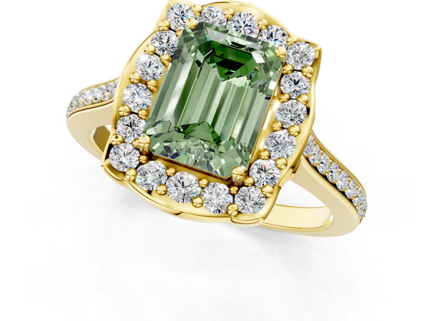 Yellow gold Fancy Green Emerald  Halo Round Diamond Pave Band with Four-Prong Setting