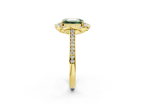 Yellow gold Fancy Green Emerald  Halo Round Diamond Pave Band with Four-Prong Setting