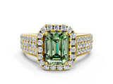 Yellow gold Fancy Green Emerald  Halo Round Diamond Pave Band with Prong Setting