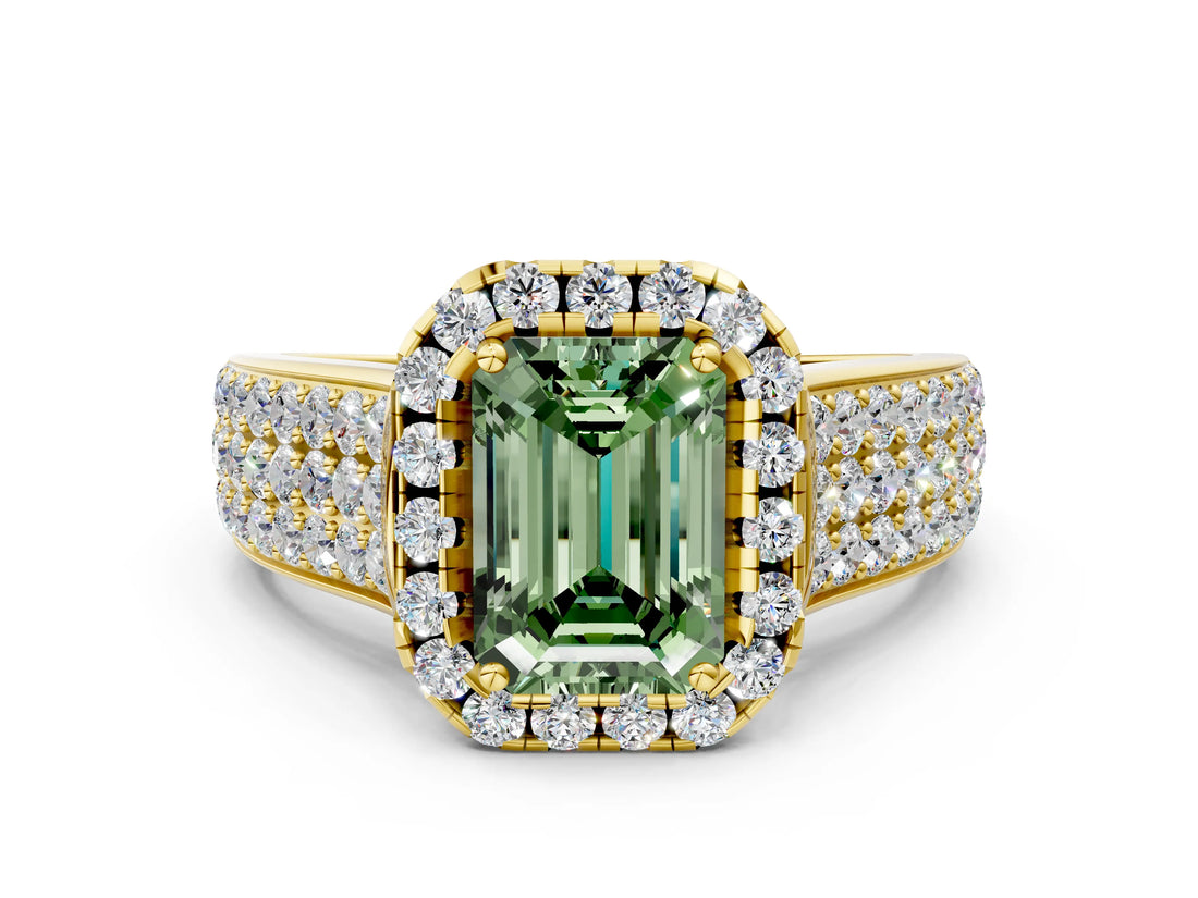 Yellow gold Fancy Green Emerald  Halo Round Diamond Pave Band with Prong Setting_27