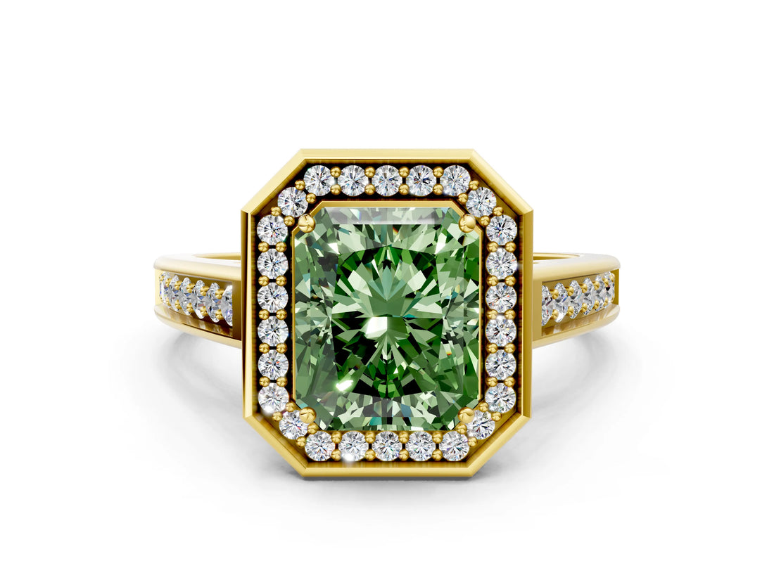 Yellow gold Fancy Green Emerald  Halo Solitaire Diamond Ring with Pave Band and Bezel Setting_48
