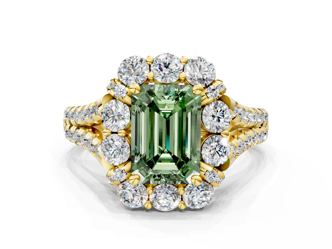 Yellow gold Fancy Green Emerald  Halo Split Shank Diamond Engagement Ring with Pave Band and Four-Prong Setting_54