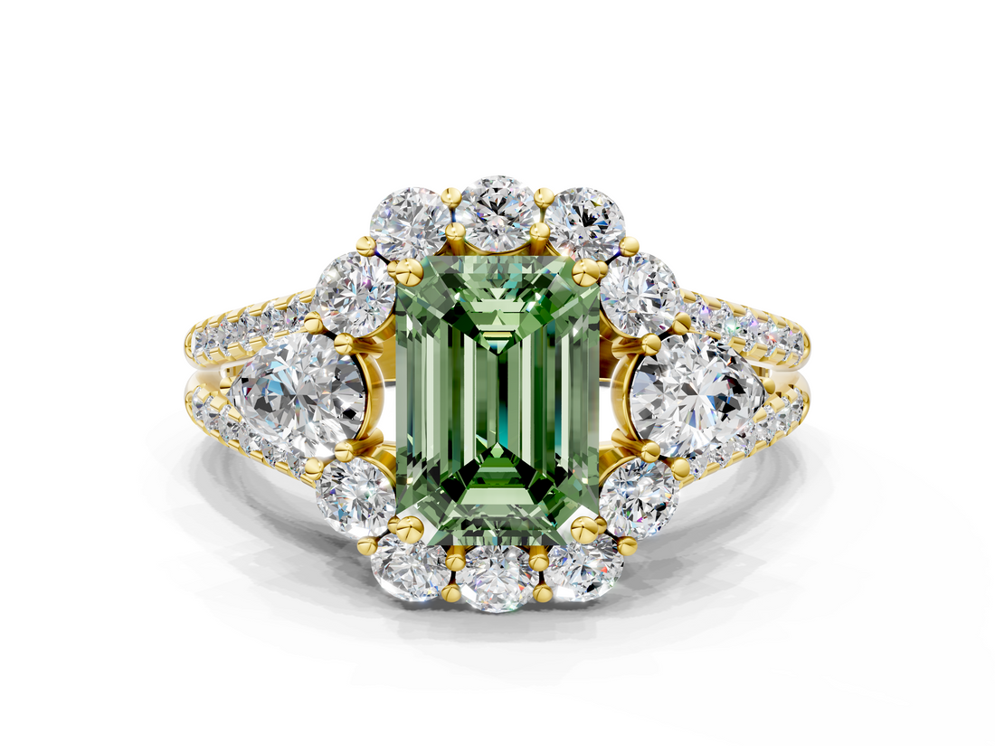 Yellow gold Fancy Green Emerald  Halo Split Shank Diamond Engagement Ring with Prong Setting_20