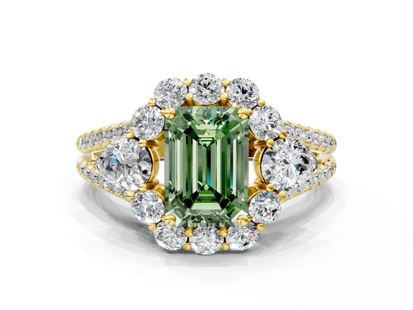 Yellow gold Fancy Green Emerald  Halo Split Shank Diamond Engagement Ring with Prong Setting