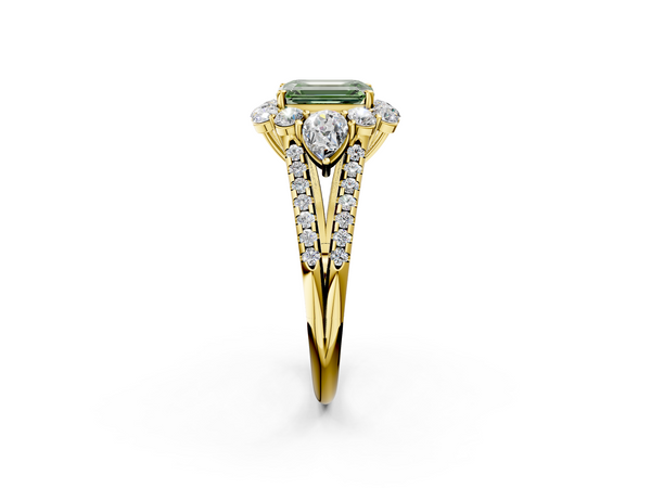Yellow gold Fancy Green Emerald  Halo Split Shank Diamond Engagement Ring with Prong Setting