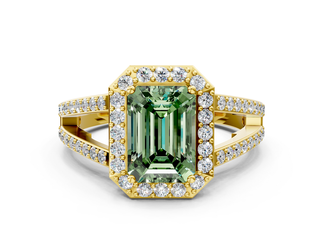 Yellow gold Fancy Green Emerald  Halo Split Shank Diamond Ring with Four-Prong Setting_32