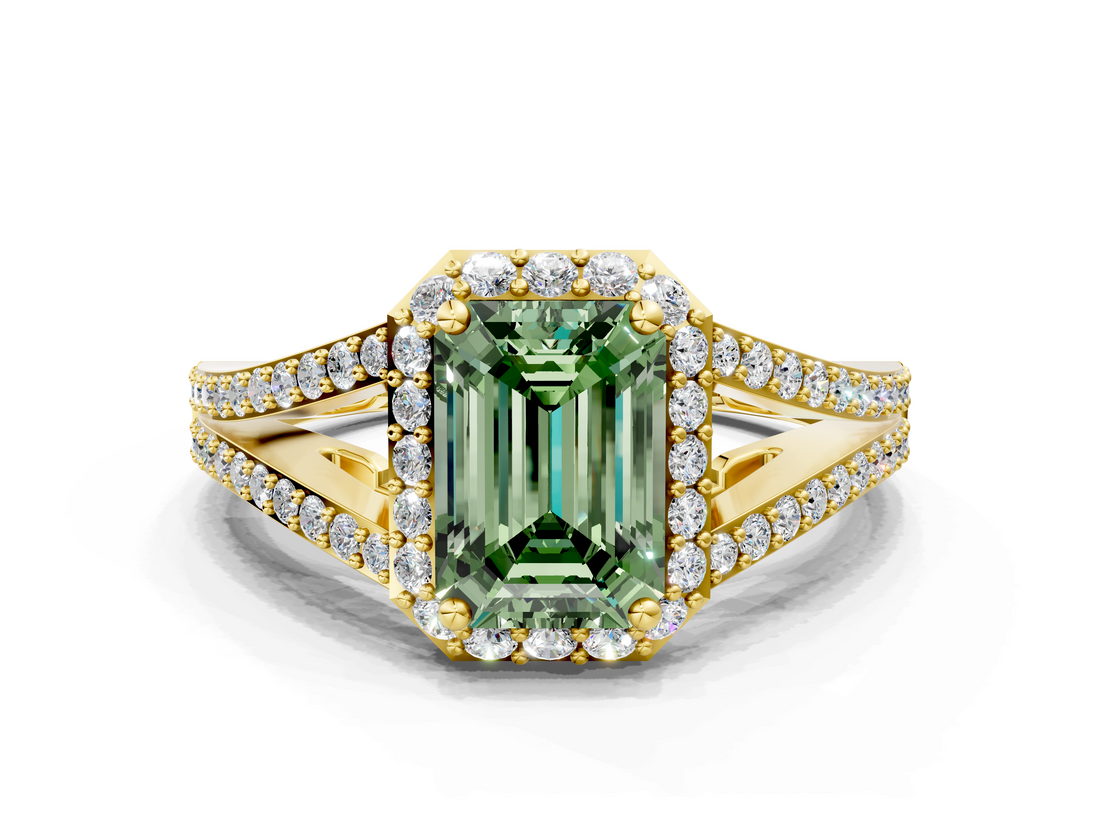 Yellow gold Fancy Green Emerald  Halo Split Shank Diamond Ring with Prong Setting_20