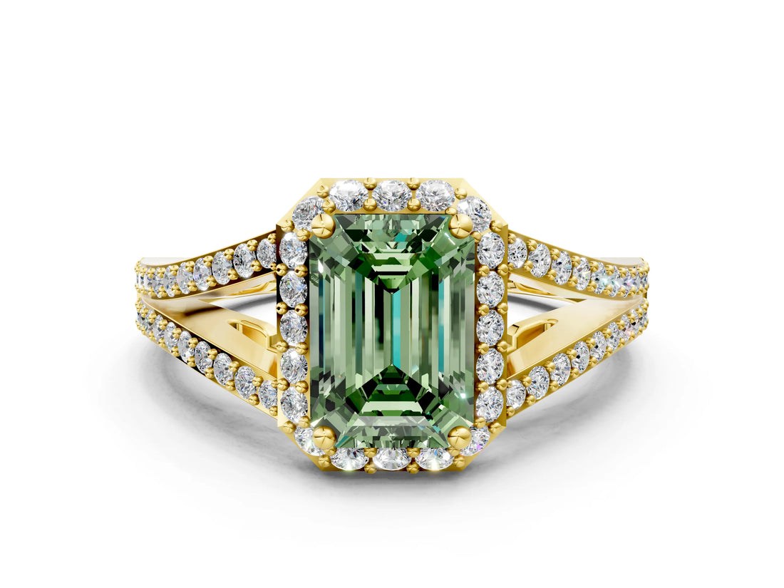 Yellow gold Fancy Green Emerald  Halo Split Shank Pave Diamond Ring with Four-Prong Setting_49