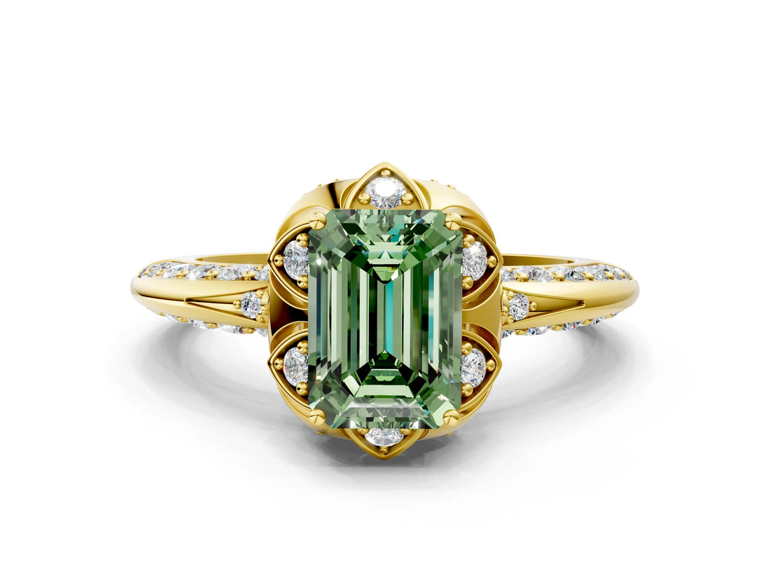 Yellow gold Fancy Green Emerald  Halo Split Shank Pave Diamond Ring with Petal Prong Setting_19