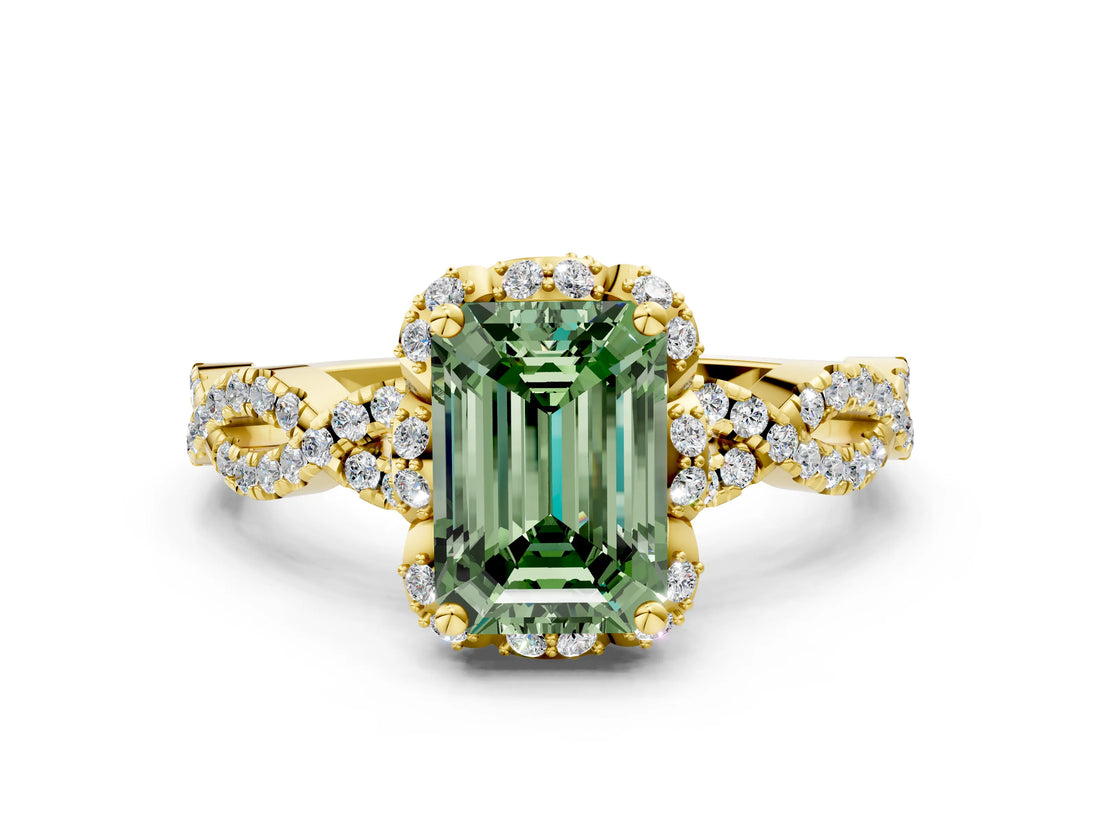 Yellow gold Fancy Green Emerald  Halo Twist Band Solitaire Ring with Six-Prong Setting_32