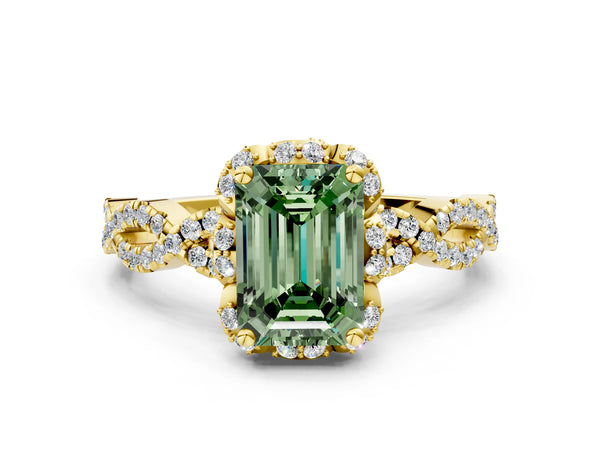 Yellow gold Fancy Green Emerald  Halo Twist Band Solitaire Ring with Six-Prong Setting