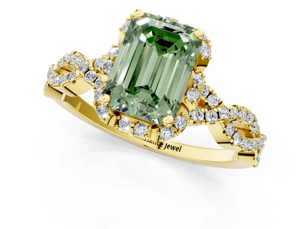 Yellow gold Fancy Green Emerald  Halo Twist Band Solitaire Ring with Six-Prong Setting