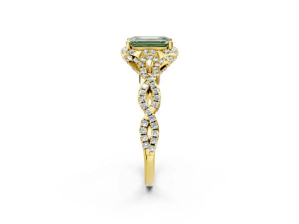 Yellow gold Fancy Green Emerald  Halo Twist Band Solitaire Ring with Six-Prong Setting