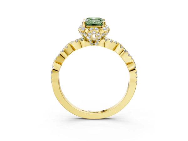 Yellow gold Fancy Green Emerald  Halo Twist Band Solitaire Ring with Six-Prong Setting