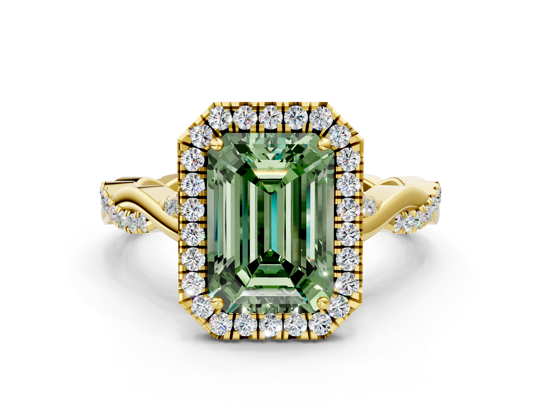 Yellow gold Fancy Green Emerald  Halo Twist Band Solitaire Ring_19