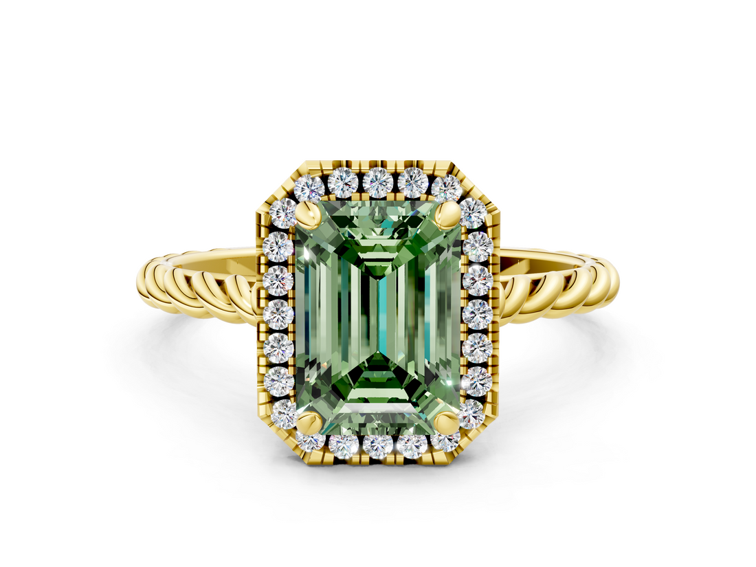 Yellow gold Fancy Green Emerald  Halo Twisted Band Four-Prong Diamond Ring_20