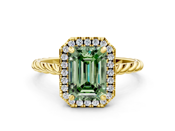 Yellow gold Fancy Green Emerald  Halo Twisted Band Four-Prong Diamond Ring