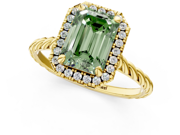 Yellow gold Fancy Green Emerald  Halo Twisted Band Four-Prong Diamond Ring