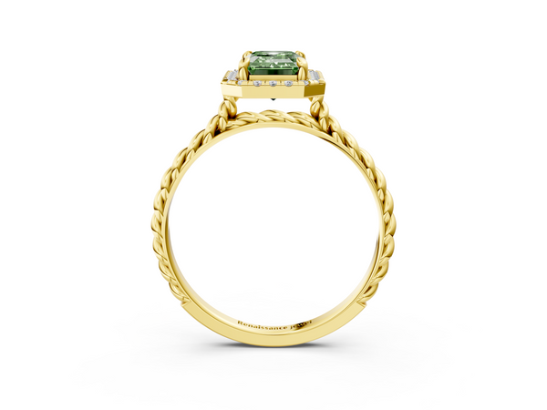 Yellow gold Fancy Green Emerald  Halo Twisted Band Four-Prong Diamond Ring