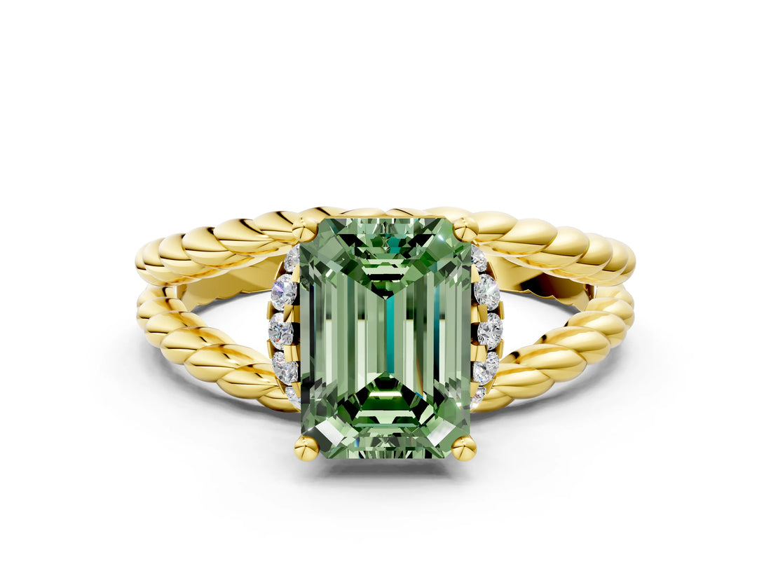 Yellow gold Fancy Green Emerald  Halo Twisted Band Four-Prong Ring_32