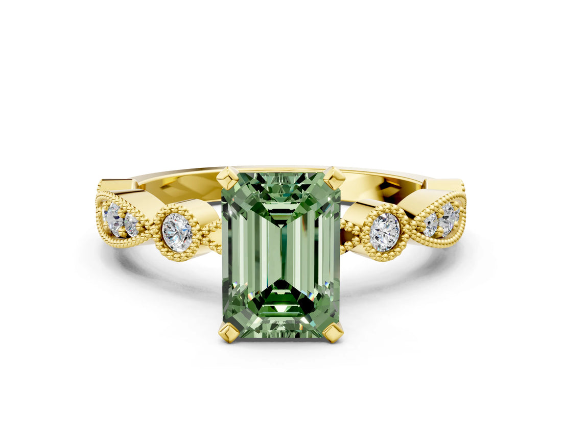 Yellow gold Fancy Green Emerald  Milgrain Bezel Diamond Engagement Ring with Solitaire Prong Setting_167