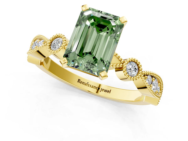 Yellow gold Fancy Green Emerald  Milgrain Bezel Diamond Engagement Ring with Solitaire Prong Setting