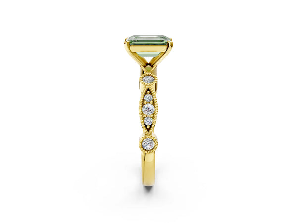 Yellow gold Fancy Green Emerald  Milgrain Bezel Diamond Engagement Ring with Solitaire Prong Setting