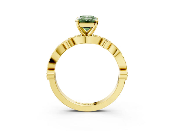 Yellow gold Fancy Green Emerald  Milgrain Bezel Diamond Engagement Ring with Solitaire Prong Setting