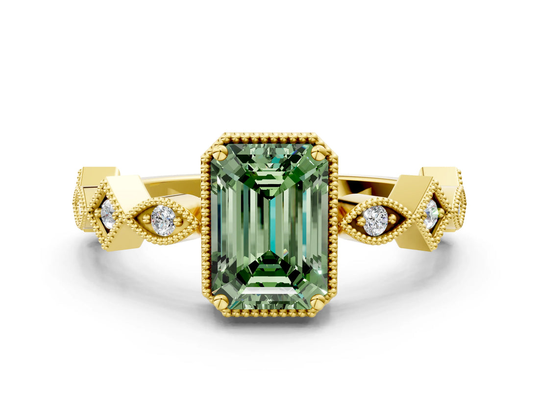 Yellow gold Fancy Green Emerald  Milgrain Marquise Diamond Twist Band Ring_63
