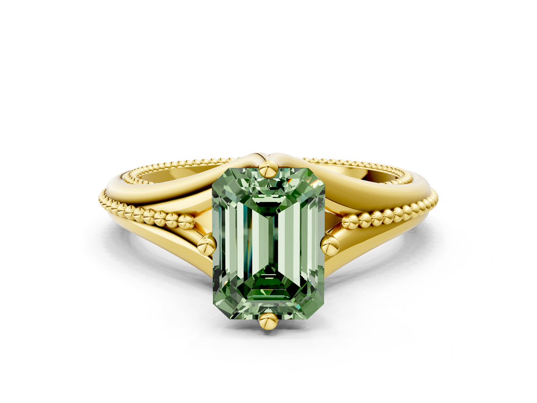 Yellow gold Fancy Green Emerald  Solitaire Beaded Band Six-Prong Setting