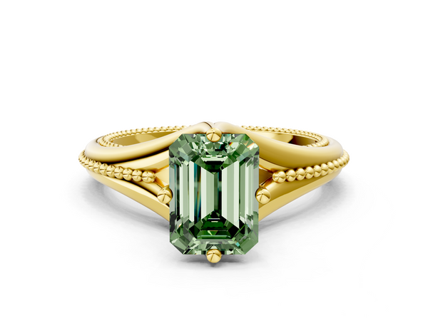 Yellow gold Fancy Green Emerald  Solitaire Beaded Band Six-Prong Setting