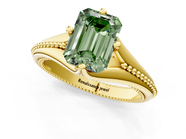 Yellow gold Fancy Green Emerald  Solitaire Beaded Band Six-Prong Setting